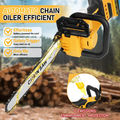 Cordless 12 Inch Mini Chainsaw Tool Only For 20V Max Batteries Brushless Handheld Chainsaw With Auto Oiler And Safety Lock Easy Yard Work For Wood Cutting And Tree Pruning Battery Not Included showing automatic chain oiler with wood in background.