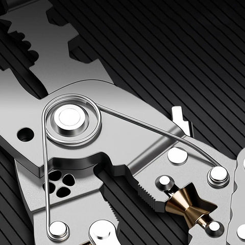 Close-up of Heavy Duty 12 in One Multi-Tool Wire Stripper For Car Wiring And Electric Jobs with ergonomic design and crimping feature.