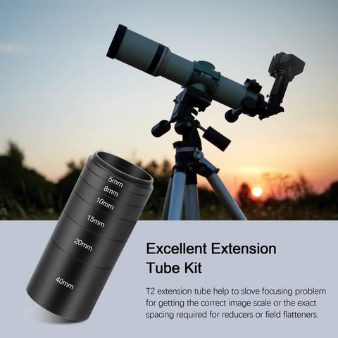 T2 Extension Tube Kit For DSLR And SLR Cameras, M42x0.75 On Both Sides, 5mm to 40mm Spacers shown with telescope setup
