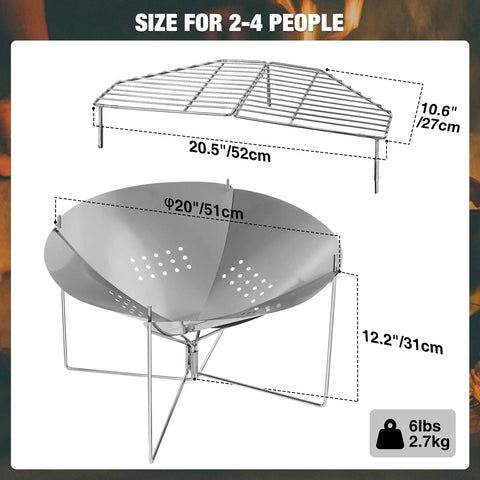 Portable 20 Inch Stainless Steel Wood Burning Fire Pit With Folding Grill And Carry Bag Ultra Compact Travel Ready Stows To About One Point Two Inches
