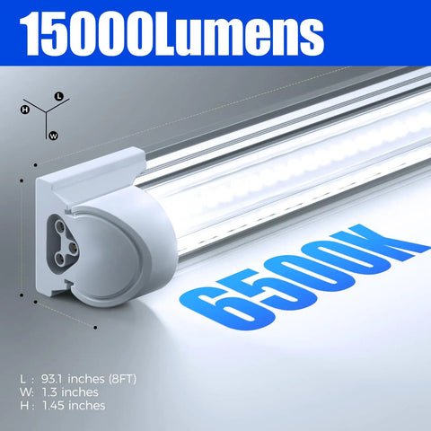 Close-up of High Output 100W 15000LM 6500K T8 LED Shop Light Strip, 8Ft Linkable Garage Light With V Shape Clear Cover