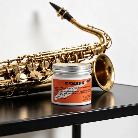 All In One Conductive Grease for Electronics and Woodwinds, 3.53oz White Paste Delivers Stable Conductivity, Safe on Nickel, Brass, and Gold Connectors, Keeps Wind Instrument Switches Smooth and Refurbishes Worn Parts. Jar with saxophone