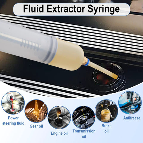 Close-up of a 200cc plastic oil extractor syringe with extension tube inserted into a car engine oil reservoir