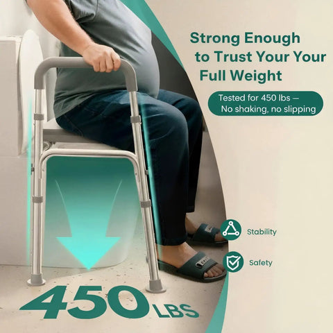 Heavy Duty Raised Toilet Seat With Grip Bars For Seniors, Four Hundred Fifty Pound Weight Commode Chair Riser showing stability, with user support.