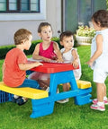 Big Plastic Picnic Table For Four Kids For Indoor And Outdoor Use with children seated on colorful benches outside