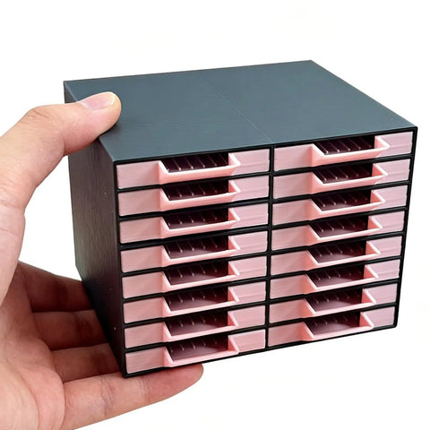 All-In-One 16-Drawer Diamond Art Tray Organizer Rack For Diamond Painting Supplies in hand view, solid black, pink drawers