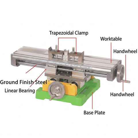 Heavy Duty Cross Slide Table For Milling Machine With Dual Axis X Y Travel Adjustment Smooth Operation Cast Iron Base Aluminum Worktable Precision Control for metalworking, featuring trapezoidal clamp and handwheels.