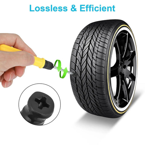 Hand using screwdriver from 60Pcs Tire Plug Kit With Vacuum Repair Screws And Rubber Nails Fast DIY Patch Kit for puncture repair in car tire