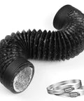 Black corrugated 4 Inch By 7.2 Ft Dryer Vent Hose Flexible Aluminum Duct With PVC Aluminum Foil Multi Layer Air Ducting, two clamps shown