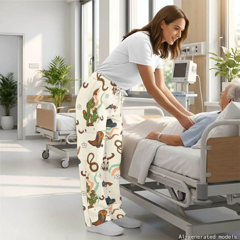 Women Western Cowboy Print Scrubs Set With Deep Multi Pocket Elastic Waist Healthcare Uniforms For Nurses And Dental Assistants Designed For Go Getter Days And Ride Or Die Comfort, in a hospital setting.