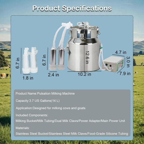 14L Portable Electric Milking Machine For Cows And Goats with stainless steel bucket and vacuum pump, product specifications