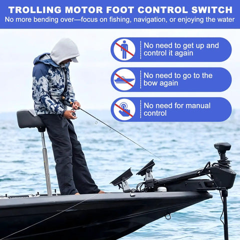 Slick Corded Trolling Motor Foot Pedal With 18 Ft Cable For 12V And 24V Bow Mount Rigs Smooth Side To Side Steer Handle in use on a boat.