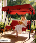 Outdoor Porch Swing With Adjustable Canopy Powder Coated Steel Frame And Heavy Duty Stand For Patio Backyard Garden Or Lawn With Comfy Cushions And Weather Resistant Glider Seat In Red