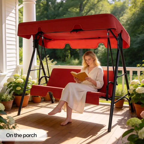 Outdoor Porch Swing With Adjustable Canopy Powder Coated Steel Frame And Heavy Duty Stand For Patio Backyard Garden Or Lawn With Comfy Cushions And Weather Resistant Glider Seat In Red