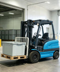 Compact Electric Forklift Stacker For Tight Spaces And Heavy Loads lifting a large plastic container on a pallet indoors.