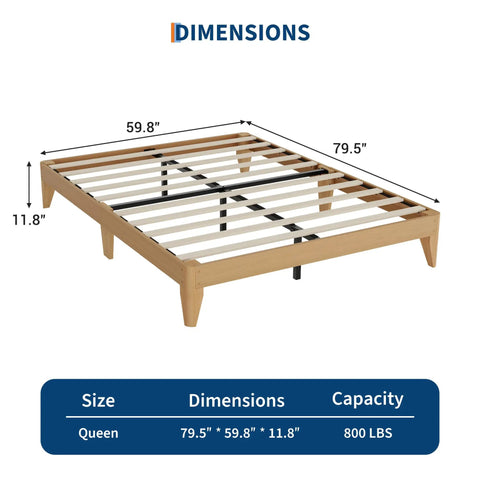 Queen Wood Platform Bed Frame With Solid Wooden Legs And Heavy Duty Slat Support For A Room Refresh showing dimensions 79.5x59.8x11.8 inches.