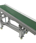 Badass Inclined Conveyor System With Non Slip PVC Belt Tilt Action For Warehouse Moves Adjustable Aluminum Frame showing green belt and wheels.