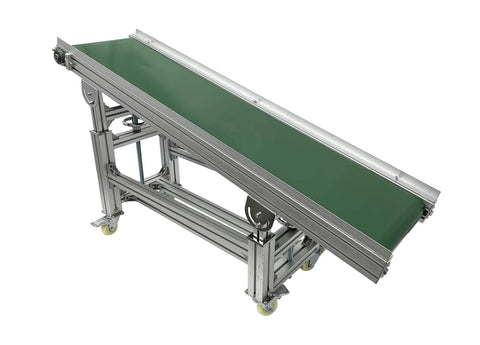 Badass Inclined Conveyor System With Non Slip PVC Belt Tilt Action For Warehouse Moves Adjustable Aluminum Frame showing green belt and wheels.
