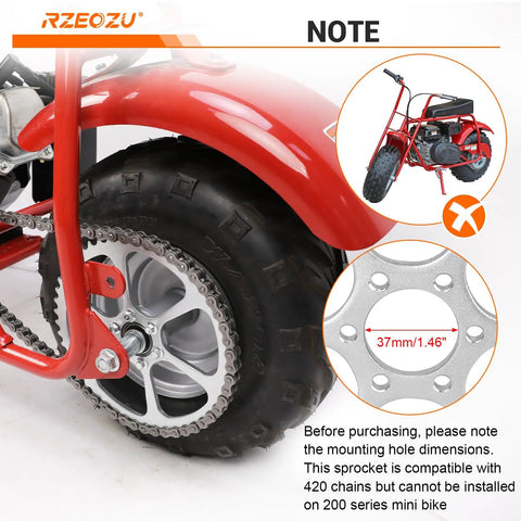 Close-up of rear wheel with 50 Tooth Rear Sprocket For 420 Chain Compatible With Coleman CT100U CC100X RB100 Baja DB30 Mega Moto