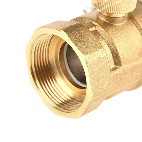 Close-up of Heavy Duty Two Way Brass Ball Valve With Smart Motorized Actuator Control, DC 12 Volt, showcasing brass threaded connection.