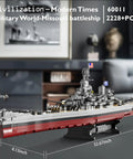 Battleship Building Set 60011 Classic Military Missouri Warship Model Kit displayed on shelf, measures 32.67 x 4.13 x 9.44 inches.