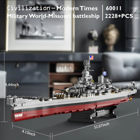 Battleship Building Set 60011 Classic Military Missouri Warship Model Kit displayed on shelf, measures 32.67 x 4.13 x 9.44 inches.