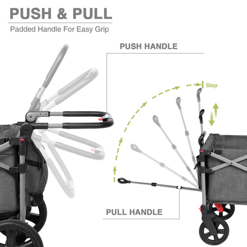 Foldable Wagon For Two Kids And Cargo With Adjustable Telescoping Handle showing push and pull handle positions in black