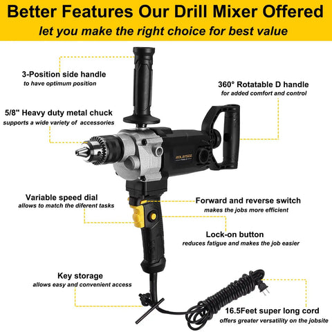 Beast Mode 10 Amp Corded Drill Mixer Kit With Five Eighth Inch Chuck Spade Handle Variable Speed For Drilling And Mixing