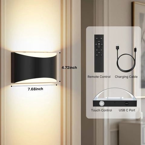 Dope Battery Operated Wall Sconces Set Of 2 With 8000mAh Rechargeable Battery Remote And Touch Dimmer shown with size and accessories