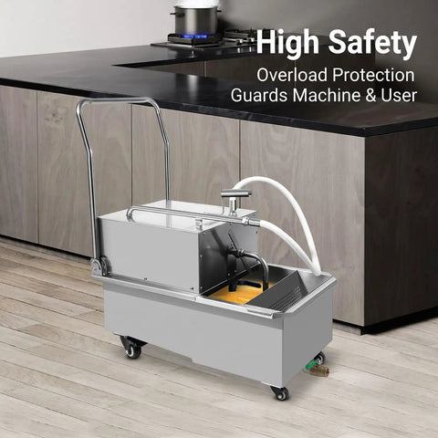Heavy Duty Commercial Mobile Fryer Oil Filter Cart Wagon With 55 Liter Tank And 14.5 Gallon Capacity offers safe oil filtration with stainless steel design.