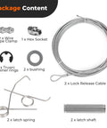 Lift Lock Safety System Kit with release cables, latch springs, wire rope clamps, hex socket, bushings, and Truarc rings.