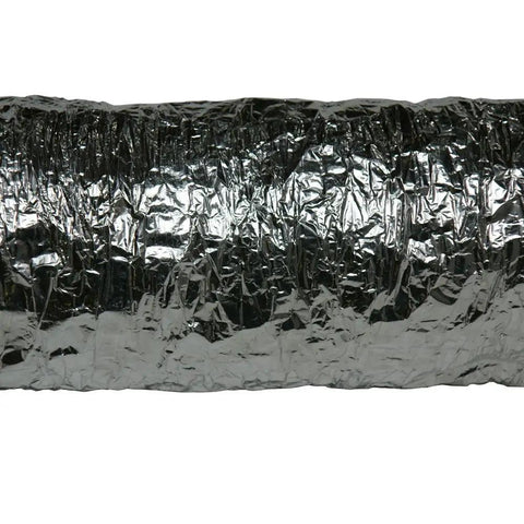 Close-up of Insulated HVAC Duct Hose 6 Inch By 25 Foot Pro Grade Heavy Duty Air Ducting with aluminum foil surface.
