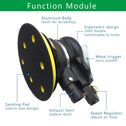 Dual Action Pneumatic Sander with Vacuum Extraction, 5 Inch and 6 Inch Pads, ergonomic design, aluminum body, and speed regulator
