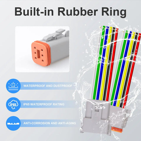 Close-up of 2 Pack 12 Pin Waterproof DT Connector Set with male and female wires, showing rubber ring and PA66 housing.