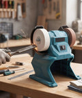 Daconovo 3 Inch Cordless Mini Bench Grinder With Dual 5500Rpm Wheels sharpening tool on workspace, sparks flying, compact design.