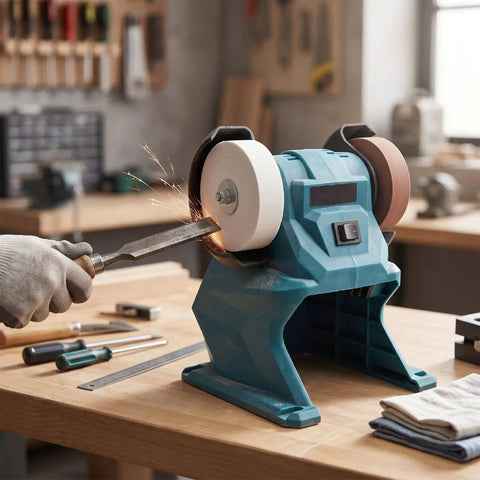Daconovo 3 Inch Cordless Mini Bench Grinder With Dual 5500Rpm Wheels sharpening tool on workspace, sparks flying, compact design.