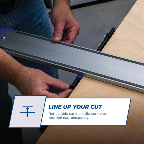 Genuine Aluminum Rip Fence Guide For Slick Straight Cuts On Circular Saws And Routers With Quick Lock Adjustment helping position cuts accurately.