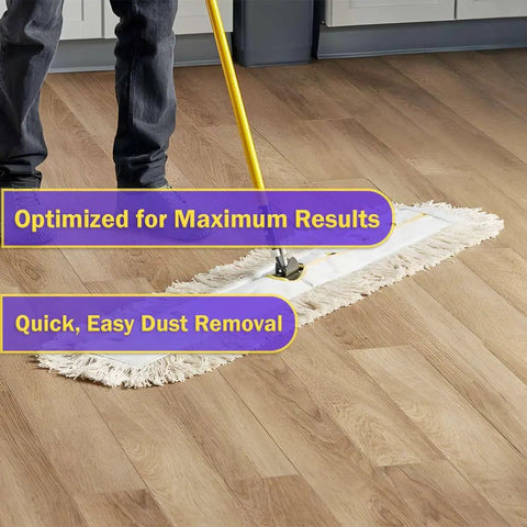 Person using 12 Pack 18 By 5 Inches Pure Thick Cotton Dust Mop Head Refills Heavy Duty Replacement Dry Sweep Floor Pads on wood floor.