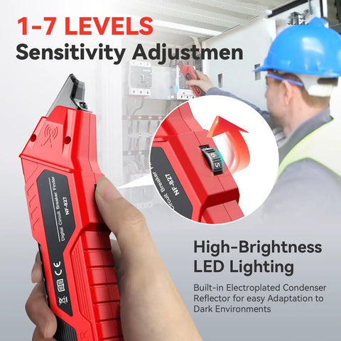 Circuit Breaker Locator And GFCI Outlet Tester Digital Circuit Finder For Home Wiring No Fuss Quick Breaker Scan And Outlet Wiring Check Open Circuit Detection Portable Electrical Diagnostic Tool, red handheld tester with 1-7 sensitivity