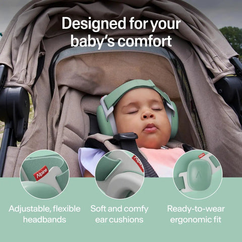 Baby wearing green Baby Ear Muffs For Hearing Protection With 24 Decibels Noise Reduction, Adjustable Headband, in stroller