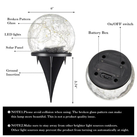 Diagram of Solar Globe Lights 6 Inch Outdoor Crackled Glass Orbs showing LED lights, solar panel, battery box details