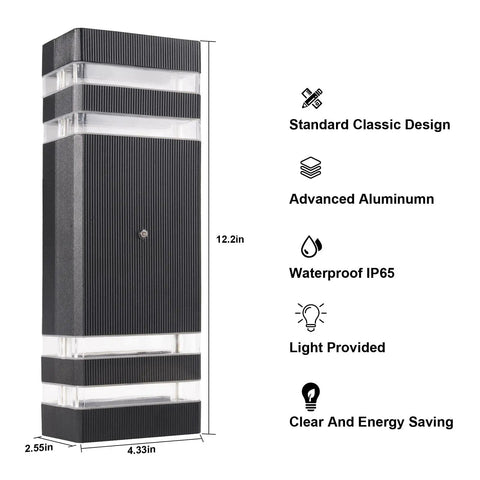 No Fuss Auto On Outdoor Wall Lights 2 Pack Up And Down Porch Lights Modern Exterior Fixtures IP65 Aluminum Housing 3000K.