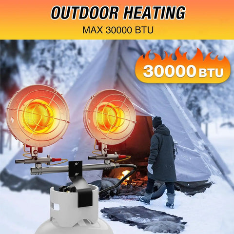 30000 BTU Propane Patio Heater With Dual Head Radiant Heat For Outdoor Use No Power Needed Tip Over Protection