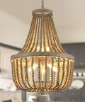 Wood Beaded Chandelier Boho Farmhouse Rustic Light Fixture Gray And White With Eight Lights For Living Room Kitchen Dining Room And Foyer UL Listed No Fuss Assembly hanging in a modern kitchen setting.