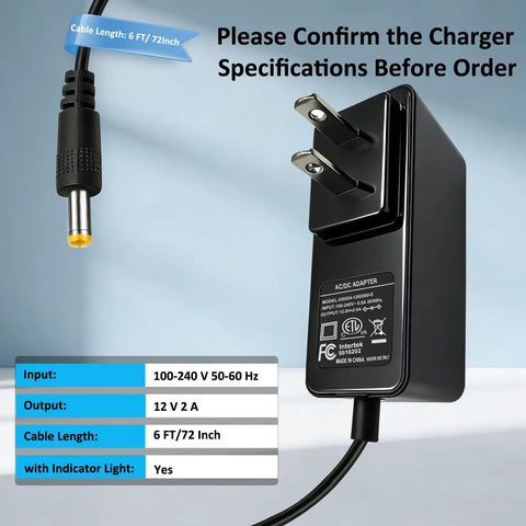 12V Replacement Charger For Recital 61 And 88 Key Digital Pianos, 12V DC 2A Power Adapter with specifications chart
