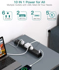 Legit Badass Surge Protector Power Strip With Super Long 5 Foot Slim Extension Cord showing 6 AC outlets and 4 USB ports in use.