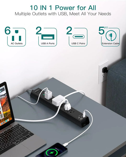 Legit Badass Surge Protector Power Strip With Super Long 5 Foot Slim Extension Cord showing 6 AC outlets and 4 USB ports in use.