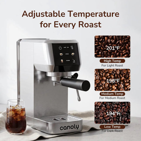 Dope 2-In-1 Espresso Machine And Cold Brew Maker With Badass 20 Bar Pump And Responsive Touchscreen with a glass of iced coffee.