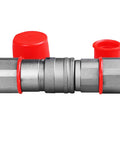 3/4 in NPT hydraulic quick-connect coupling with red protective caps; metal body.
