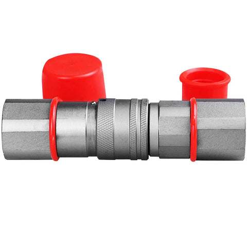 3/4 in NPT hydraulic quick-connect coupling with red protective caps; metal body.